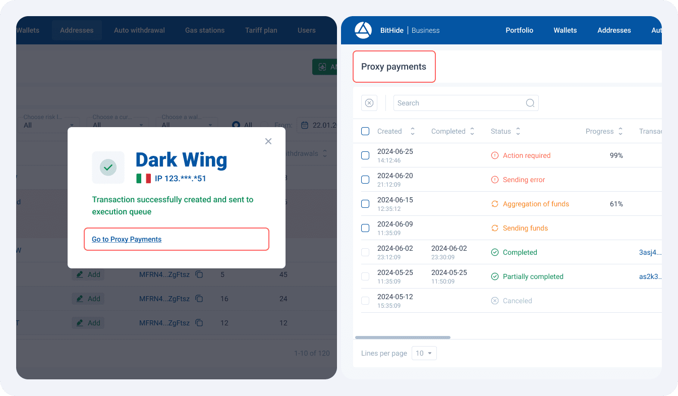 Окно Dark Wing с переходом на страницу Proxy Платежей